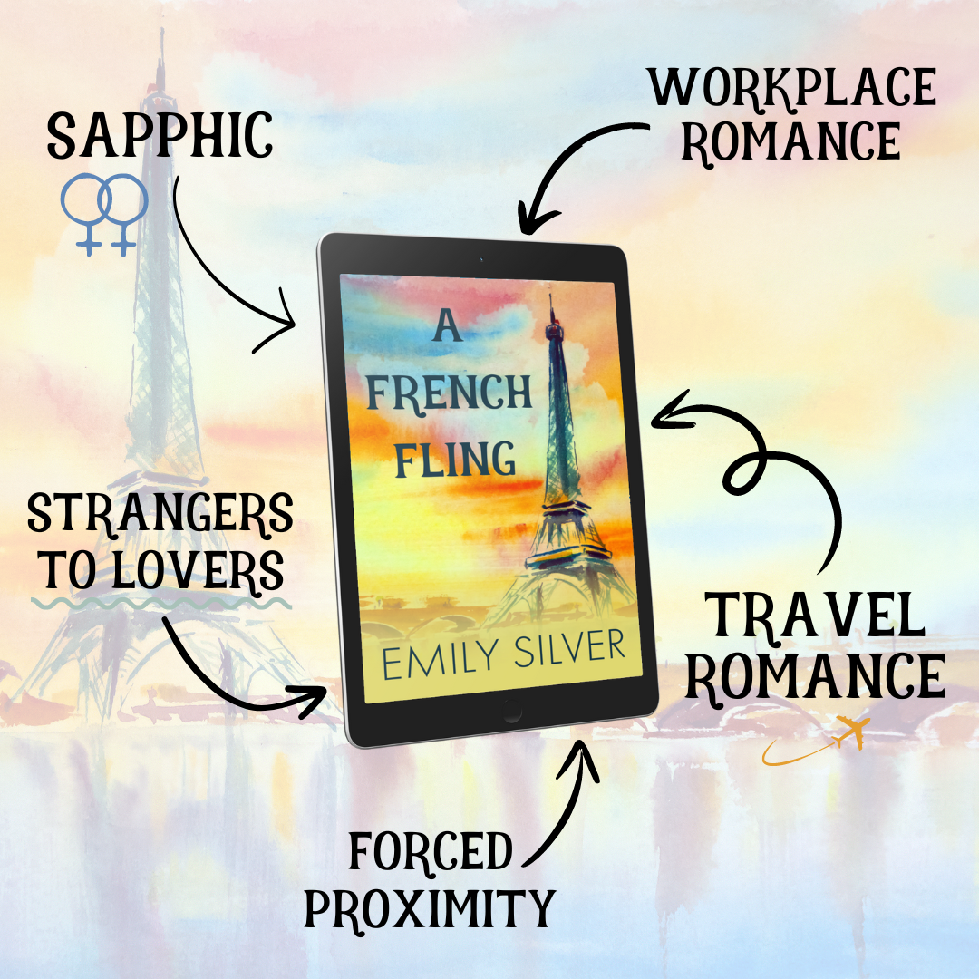 A French Fling tablet with tropes surrounding it. It's a sapphic romance with workplace romance, travel, strangers to lovers and forced proximity