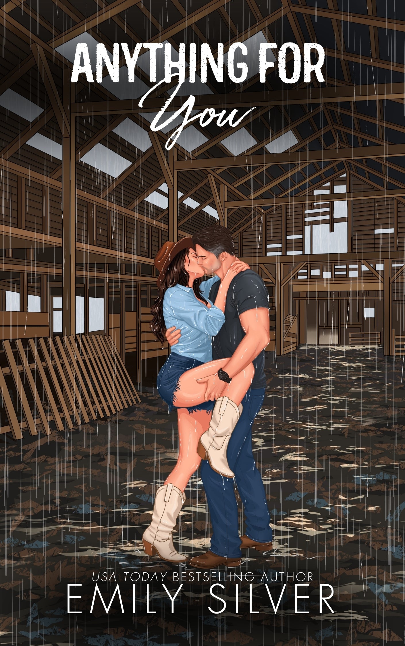 Anything For You Illustrated cover with a couple kissing in a rainy barn