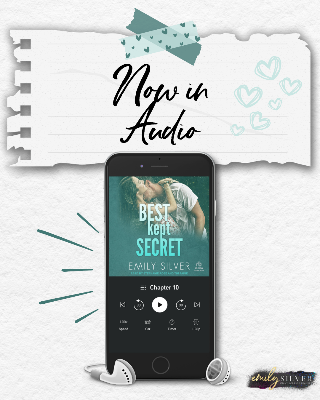 Phone displaying audiobook cover with 'Now in Audio' text and heart designs on a light background