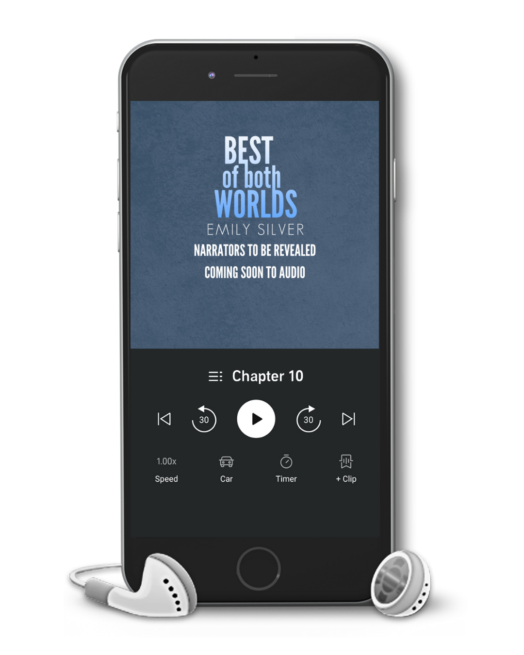 Smartphone displaying an audiobook interface with 'Best of both Worlds' by Emily Silver on a white background