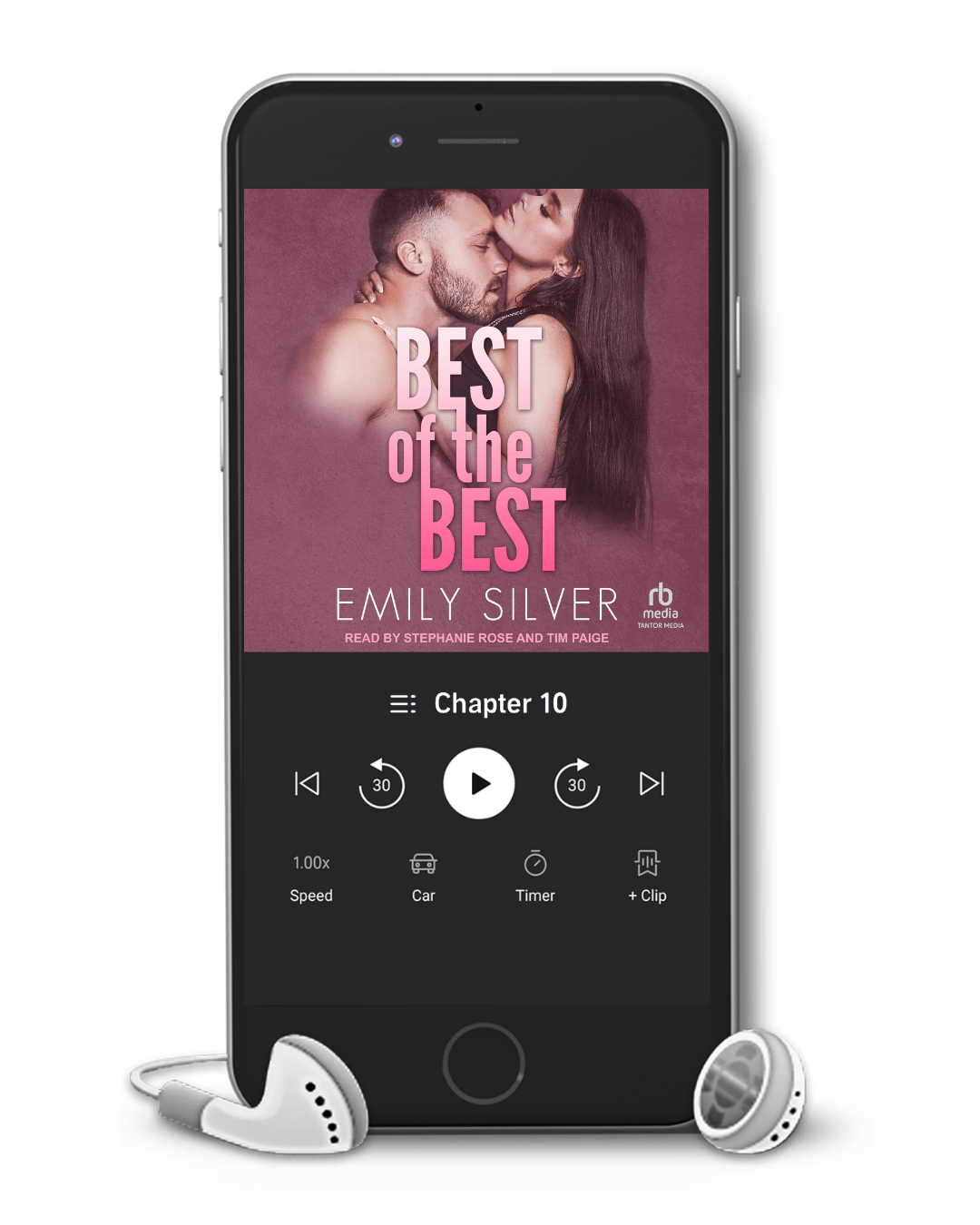 A smartphone centered on a white background, displaying an audiobook or ebook player interface with the title 'Best of the Best' by Emily Silver. White wired earbuds sit in front of the phone.