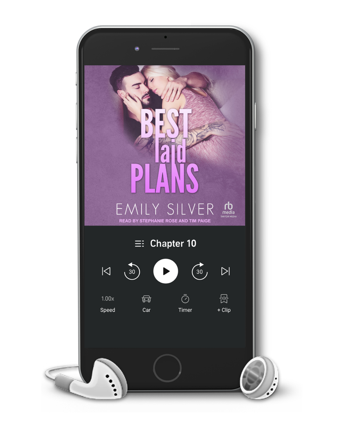 A smartphone centered on a white background, displaying a romance novel player interface with the cover art for 'Best Laid Plans' by Emily Silver. White wired earbuds sit in front of the phone.