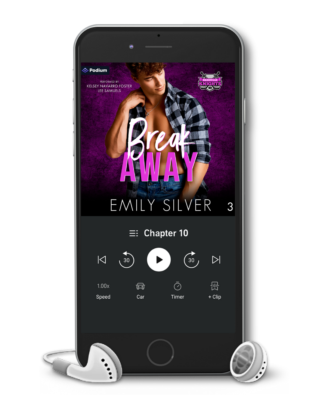 Phone displaying a book cover with 'Break Away' by Emily Silver on a white background