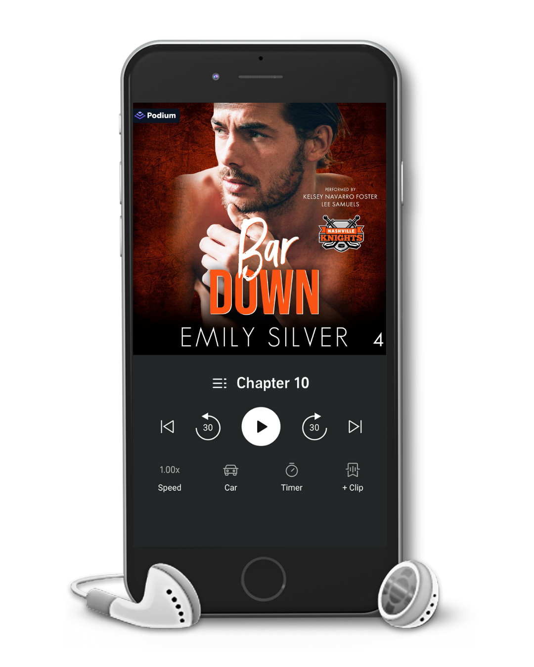 Phone displaying an audiobook of Bar Down with a book cover and player controls on a white background