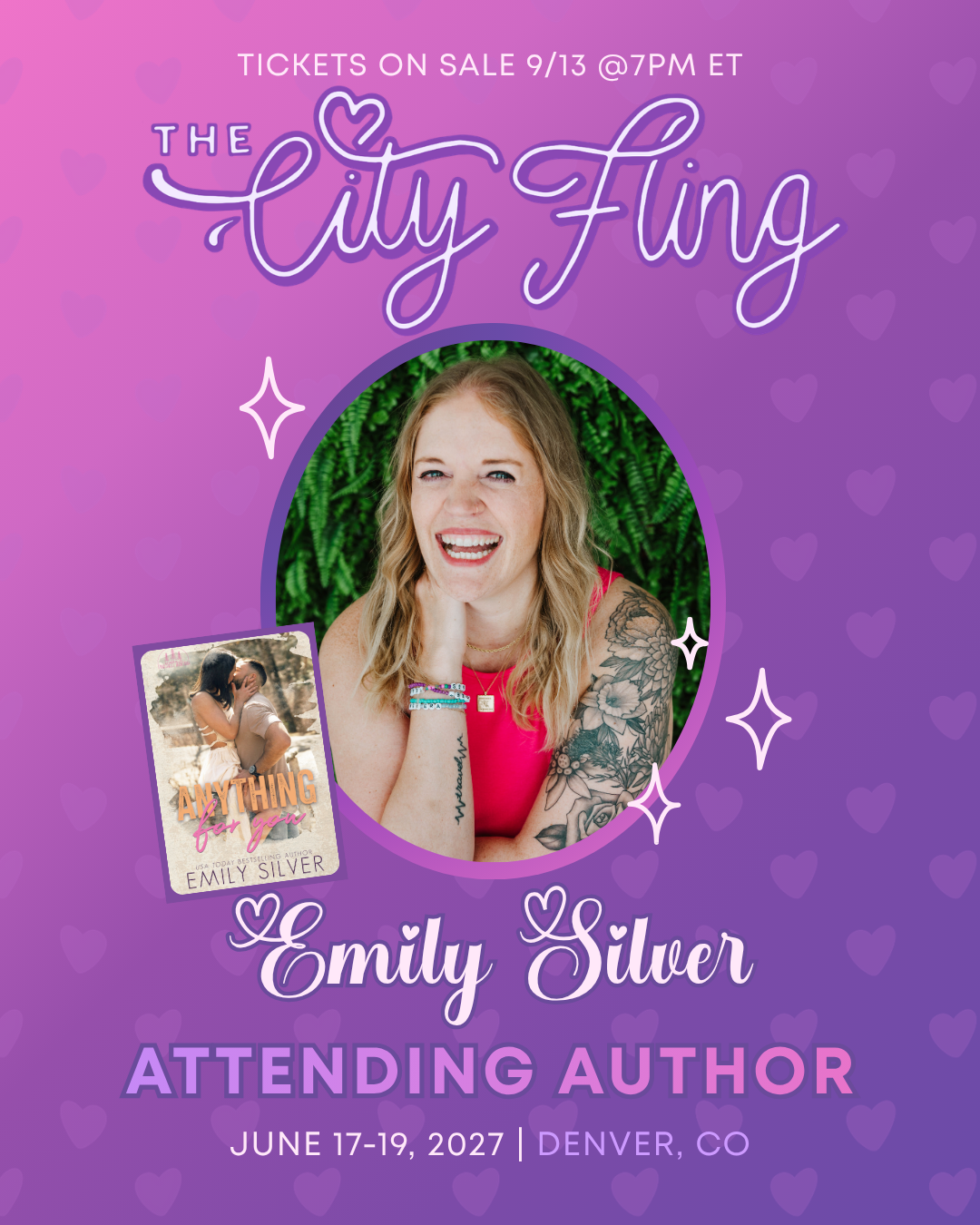 Promotional graphic for 'The City Fling' author event featuring a purple background with pink hearts, white and pink text, and a circular photo of Emily Silver.