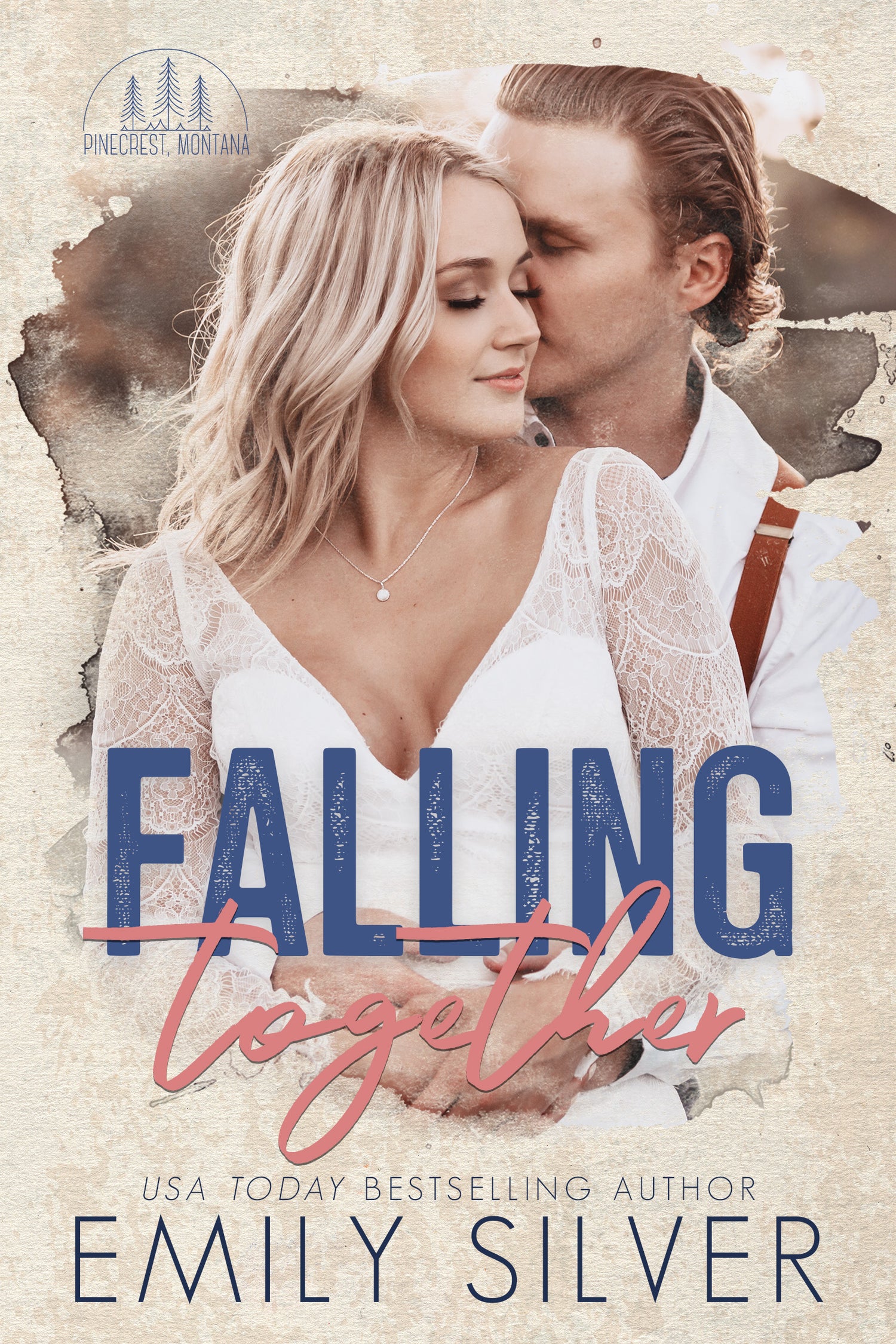 Book cover for 'Falling Together' by Emily Silver, featuring a blonde woman in a white lace dress and a man kissing her cheek, set against a textured beige background with torn-paper accents.