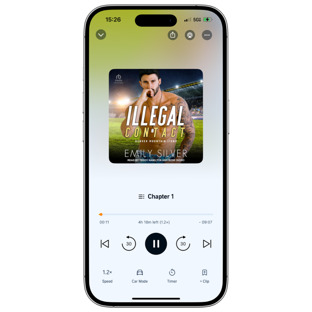 A smartphone centered on a light gray background, displaying a music player interface with a book cover artwork reading 'ILLEGAL CONTACT' by Emily Silver.