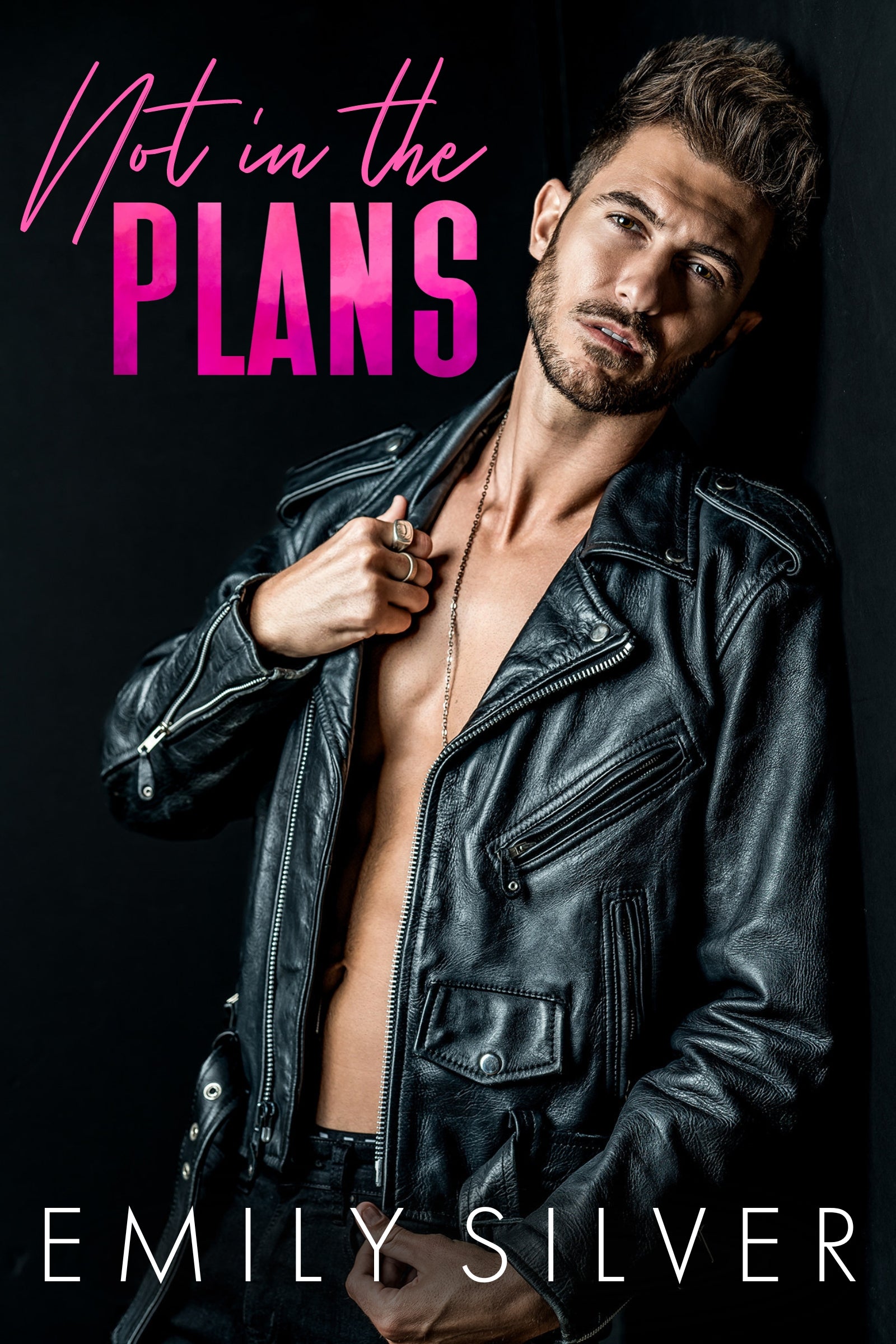 Not In The Plans hot guy cover with man wearing open leather jacket and is shirtless