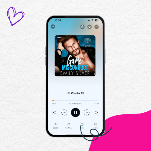 Game Misconduct audiobook on a smart phone with decorative elements surrounding it