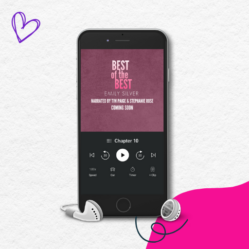 Smartphone displaying an audiobook for Best Of the Best that says audio coming soon and narrated by Tim Paige and Stephanie Rose surrounded by decorative elements