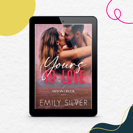 A tablet device centered on a textured white background with abstract yellow, pink, and navy decorative shapes. The screen displays a romance book cover reading “Yours to Love” by Emily Silver, with a couple embracing.