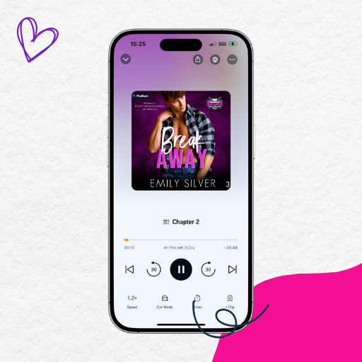 Phone screen displaying a book titled 'Break Away' by Emily Silver with a purple heart icon on a light gray background.