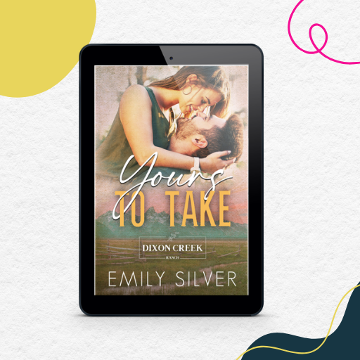 A tablet displaying a romance book cover titled "Yours to Take" by Emily Silver, set against a textured white background with abstract yellow and pink decorative shapes.