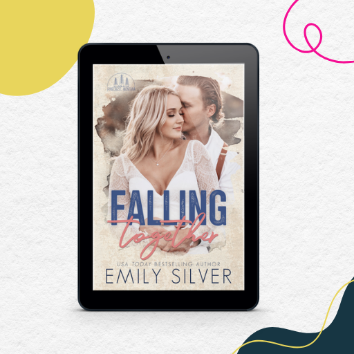 A tablet device centered on a textured white background, displaying a romance book cover titled "Falling Together" by Emily Silver. The cover shows a blonde woman in a white lace top embracing a man, with blue and pink typography.