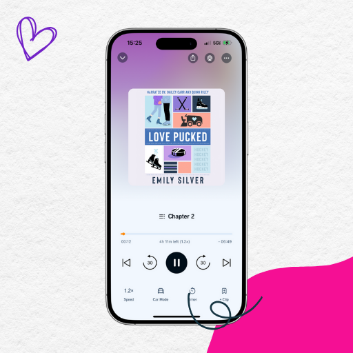 Phone screen displaying a audiobook titled 'Love Pucked' by Emily Silver with a purple heart icon on a light gray background.