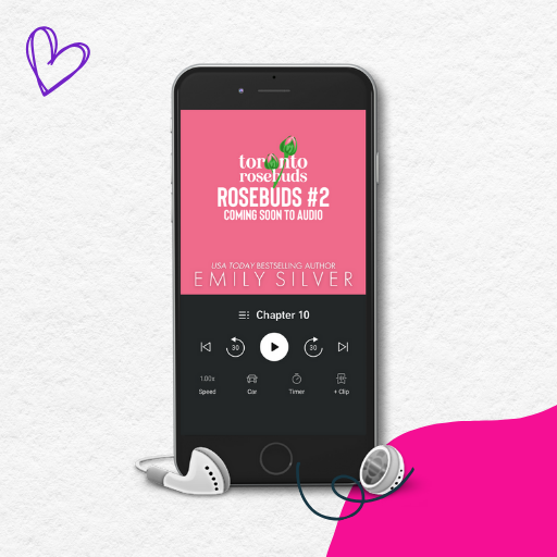 Smartphone displaying an audiobook app with a pink screen and text that says Toronto Rosebuds #2. Coming soon to audio. 
