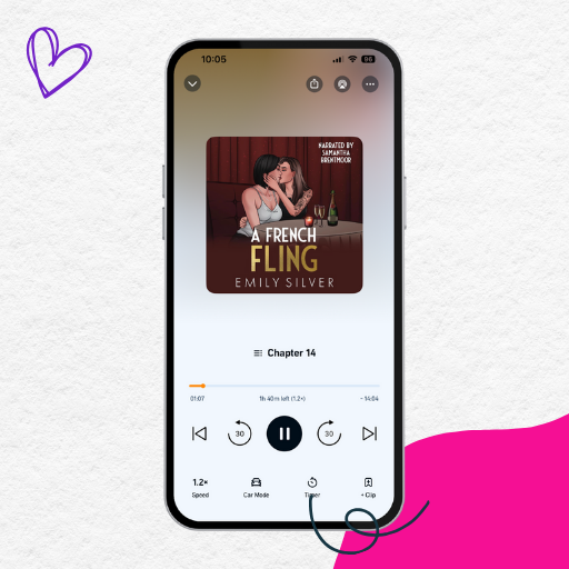 Phone screen displaying an audiobook titled 'A French Fling' by Emily Silver with a purple heart icon on a light gray background.