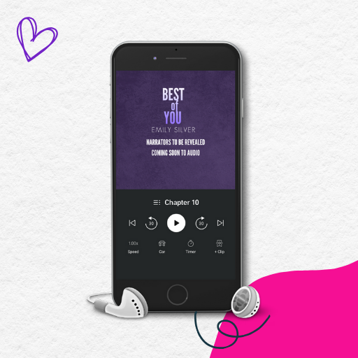 Smartphone displaying an audiobook for Best Of You that says audio coming soon and narrators to be revealed surrounded by decorative elements