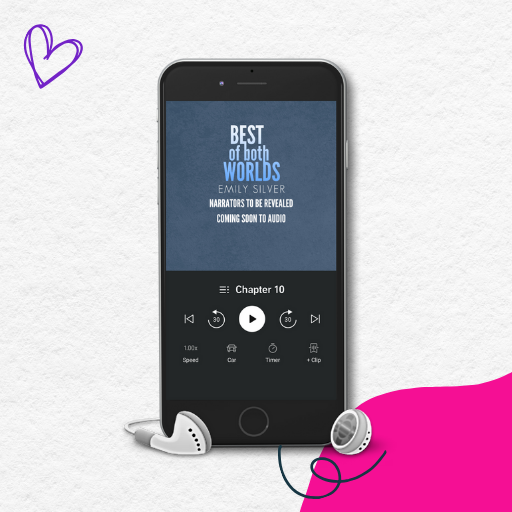 Smartphone displaying an audiobook for Best Of Both Worlds that says audio coming soon and narrators to be revealed surrounded by decorative elements
