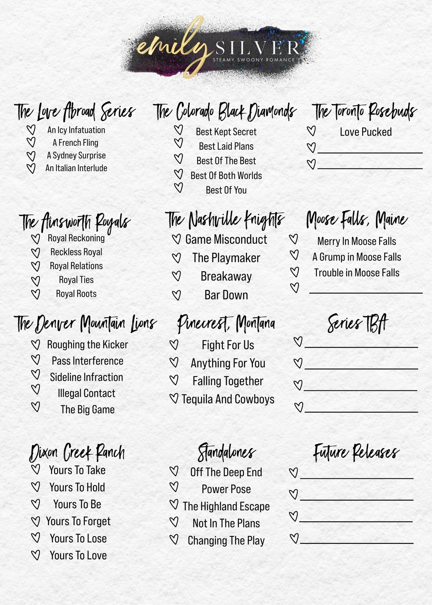 List of book titles and series by Emily Silver with a logo at the top.