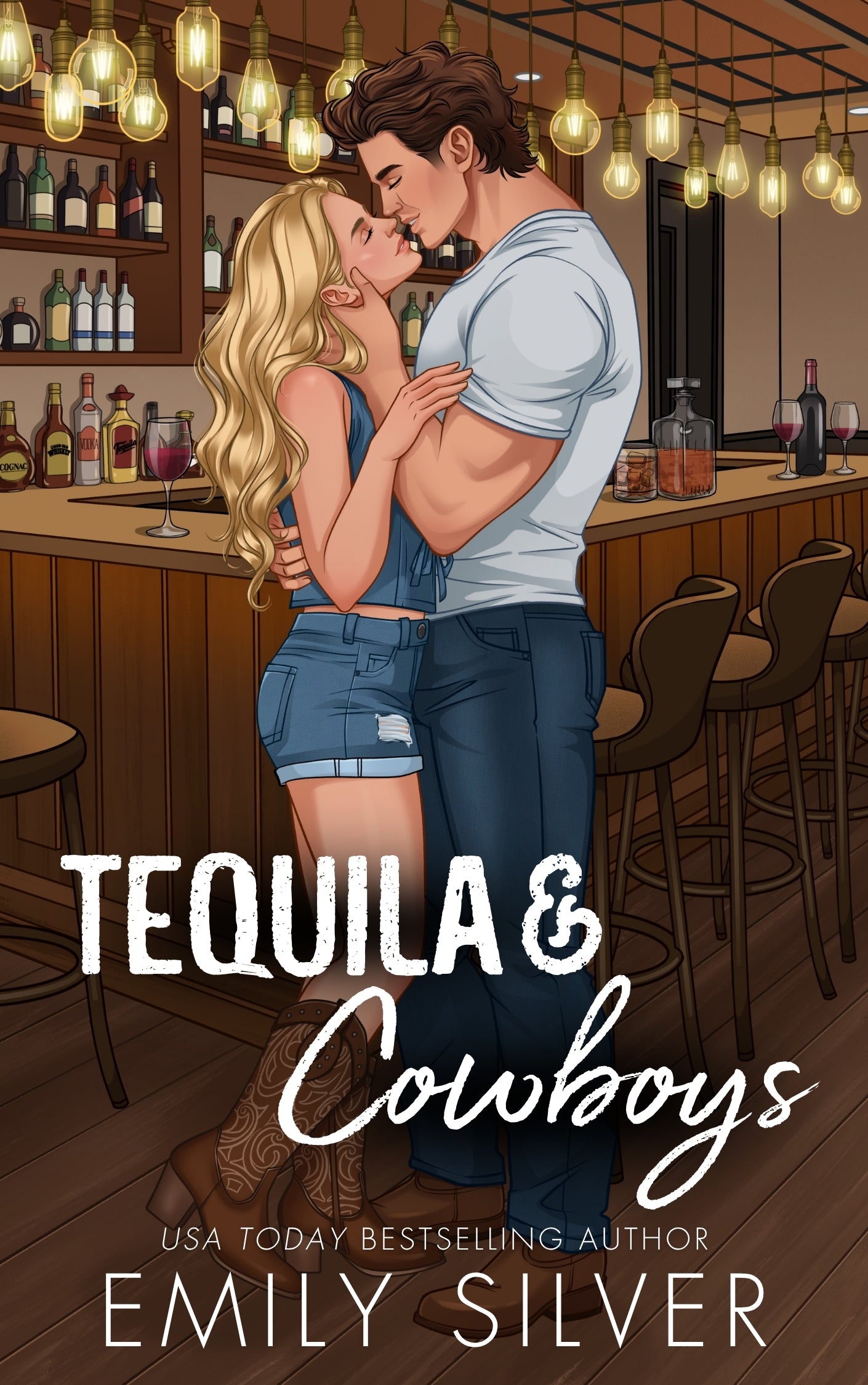 Book cover for 'Tequila & Cowboys' by Emily Silver, featuring an illustrated couple embracing and kissing in a bar setting with warm hanging lights and wooden bar shelves in the background.